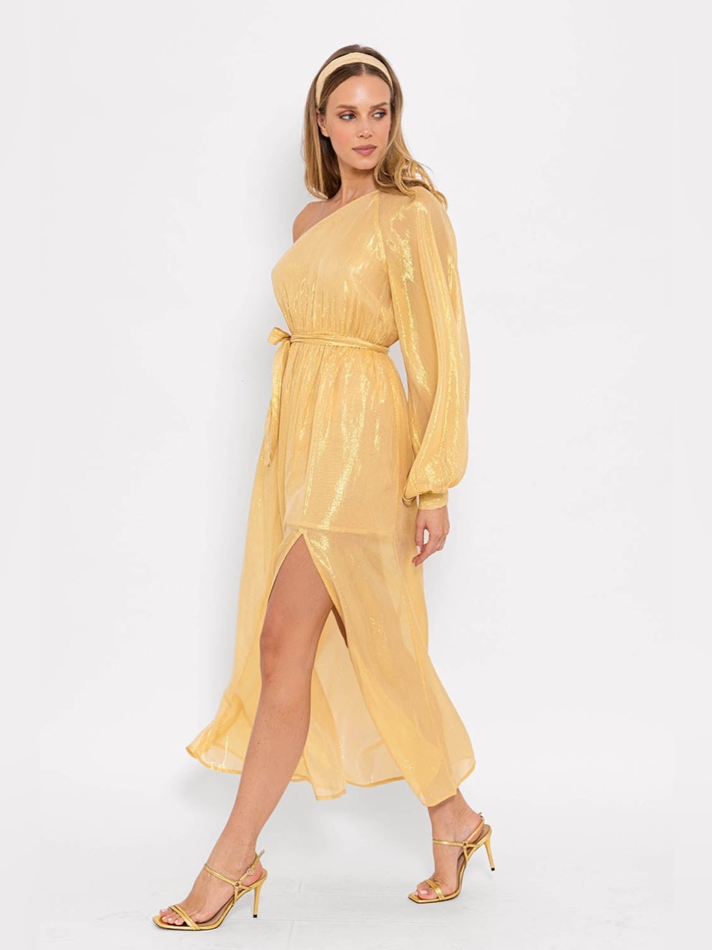 New! Sundress Doris  Belted One-Shoulder Shimmer Midi Dress in Gold 🌟 Small Tall - Picture 5 of 16